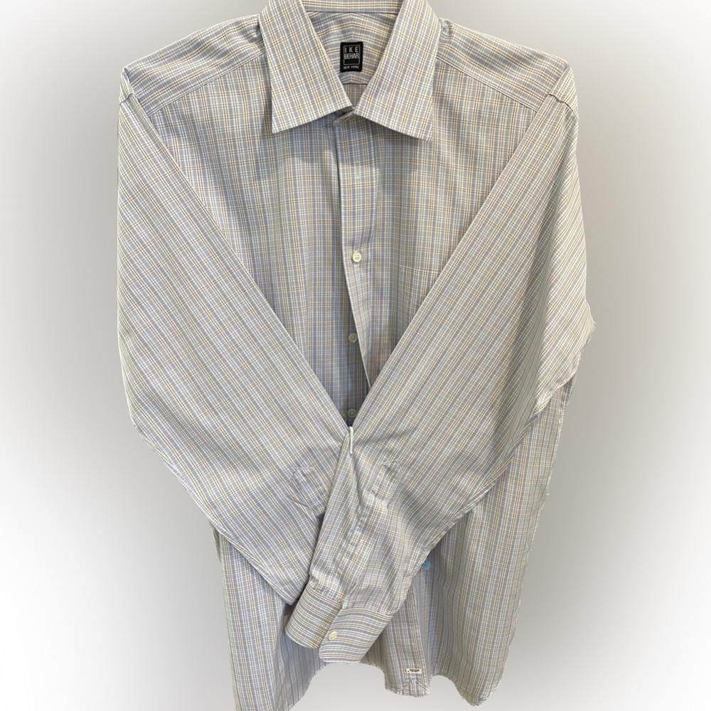 Men’s Ike Behar Dress Shirt Blue White and Yellow Striped 16 x 33